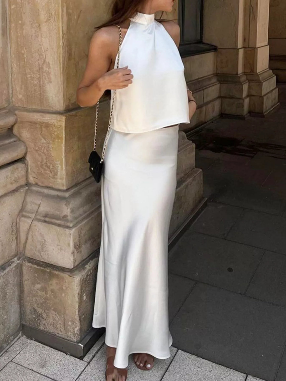 Satin Halter Neck Top and Maxi Skirt Set